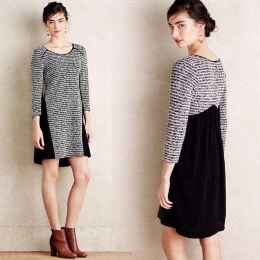 Maeve by Anthropologies long sleeves Tweed Dress Faux Leather Trim